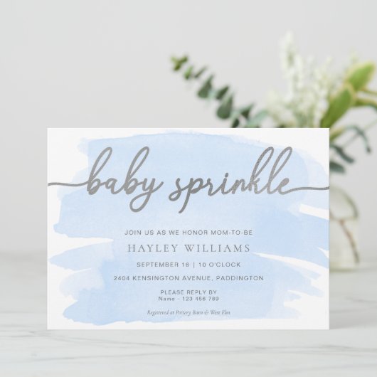 Blauwe Waterverf Zilveren Baby Sprinkle Kaart (Staand voorkant)