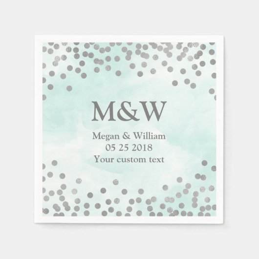 Blauwe Waterverf Zilveren Confetti bruiloft servet (Voorkant)