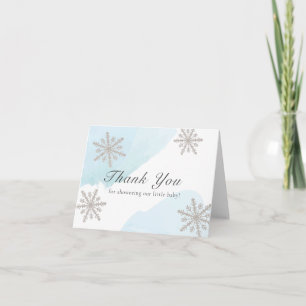 Blauwe Waterverf Zilveren Snowflakes Baby shower Bedankkaart