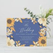Blauwe Waterverf Zonnebloem Script Wedding Kaart (Staand voorkant)