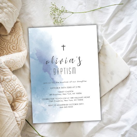 Blauwe Waterverf Zwart Kruis doopsel Kaart