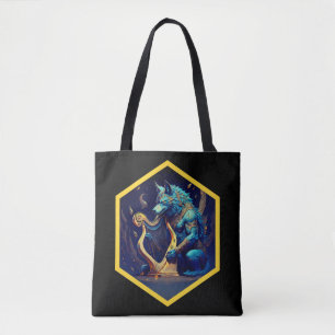 Blauwe weerwolf die een gouden harp bespeelt tote bag