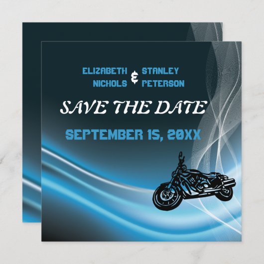 Blauwe weg biker bruiloft Save the Date aankondigi (Voorkant / Achterkant)