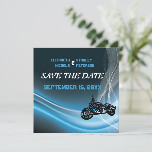 Blauwe weg biker bruiloft Save the Date aankondigi (Staand voorkant)