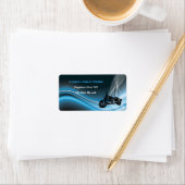 Blauwe wegbiker trouwadreslabel etiket (Insitu)