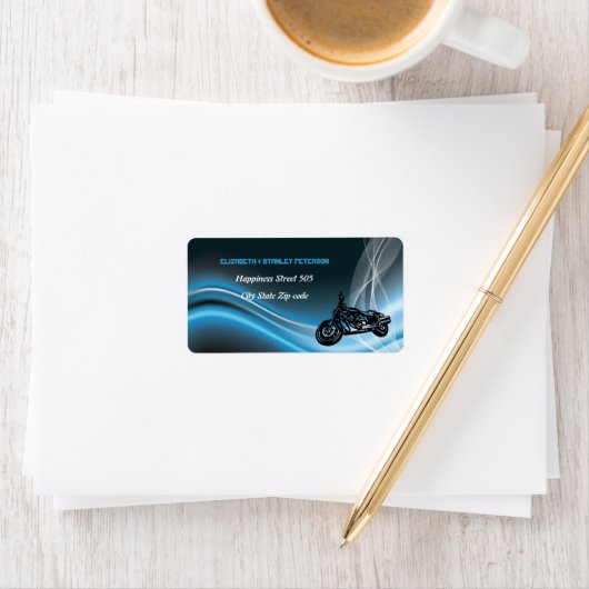 Blauwe wegbiker trouwadreslabel etiket (Insitu)