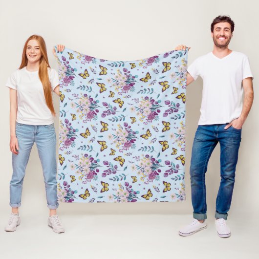 Blauwe Weide Vlinder Bloemende Worpdeken Fleece Deken (In situ)