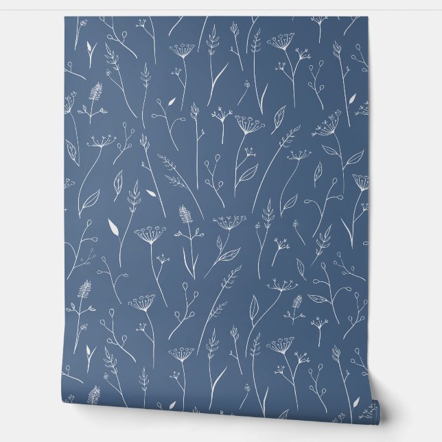 Blauwe weidebloemen behang (Afrollen)