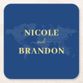 Blauwe Wereldkaart Bestemming Bruiloft Kartonnen Onderzetters (Voorkant)