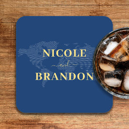 Blauwe Wereldkaart Bestemming Bruiloft Kartonnen Onderzetters