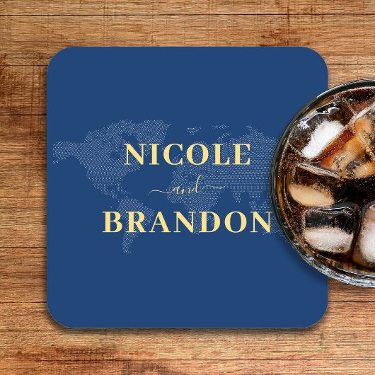 Blauwe Wereldkaart Bestemming Bruiloft Kartonnen Onderzetters