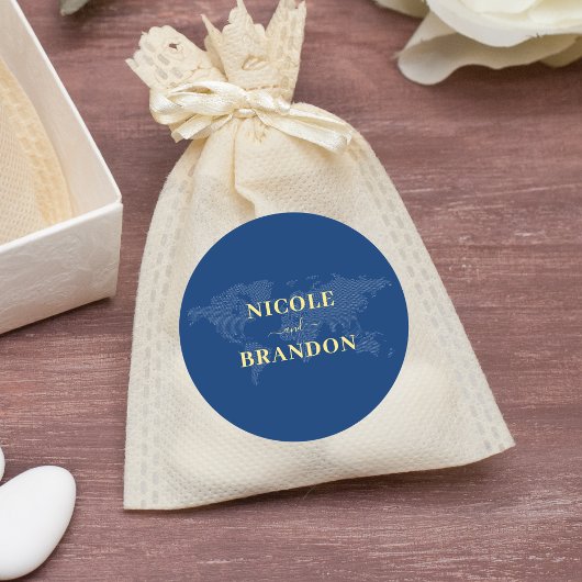 Blauwe Wereldkaart Bestemming Bruiloft Ronde Sticker