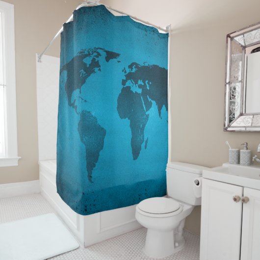  blauwe wereldkaart douchegordijn (In situ)
