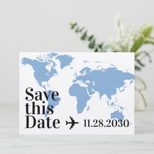 Blauwe Wereldkaart en Vliegtuig Hart Krachtige Bes Save The Date (Staand voorkant)
