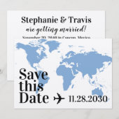 Blauwe Wereldkaart en Vliegtuig Hart Krachtige Bes Save The Date (Voorkant / Achterkant)