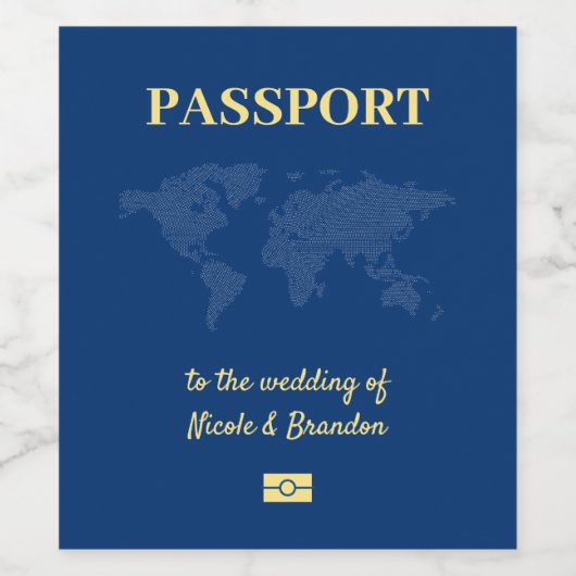 Blauwe Wereldkaart Paspoort Bestemming Bruiloft Wijn Etiket (Enkel label)