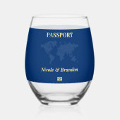 Blauwe Wereldkaart Paspoort Bestemming Bruiloft Wijnglas Zonder Voet (Voorkant)