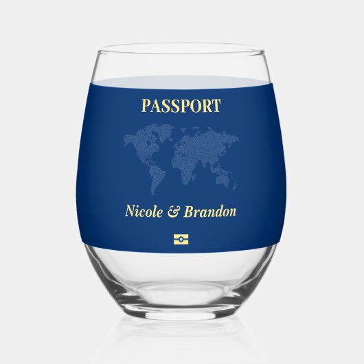 Blauwe Wereldkaart Paspoort Bestemming Bruiloft Wijnglas Zonder Voet (Voorkant)