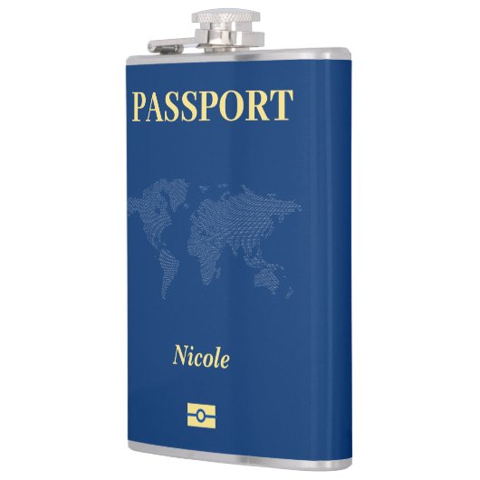 Blauwe Wereldkaart Paspoort Heupfles (Links)