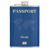 Blauwe Wereldkaart Paspoort Heupfles (Voorkant)