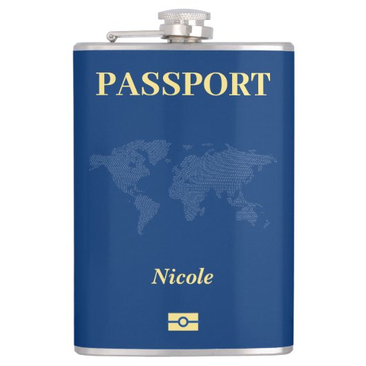 Blauwe Wereldkaart Paspoort Heupfles (Voorkant)