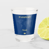 Blauwe Wereldkaart Paspoort Shot Glas (Voorkant)