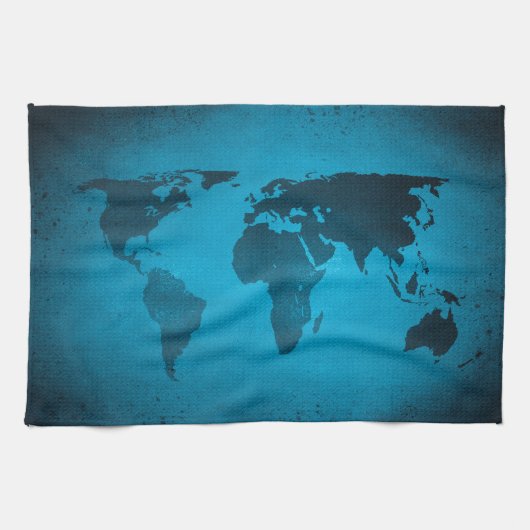  blauwe wereldkaart theedoek (Horizontaal)