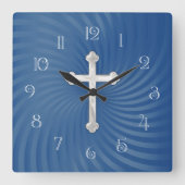 Blauwe wervelachtergrond Wit parelachtig kruis Vierkante Klok (Voorkant)