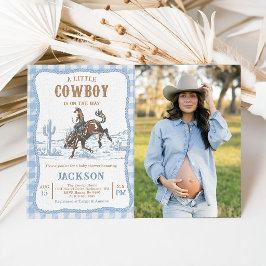 Blauwe western cowboy baby shower uitnodiging