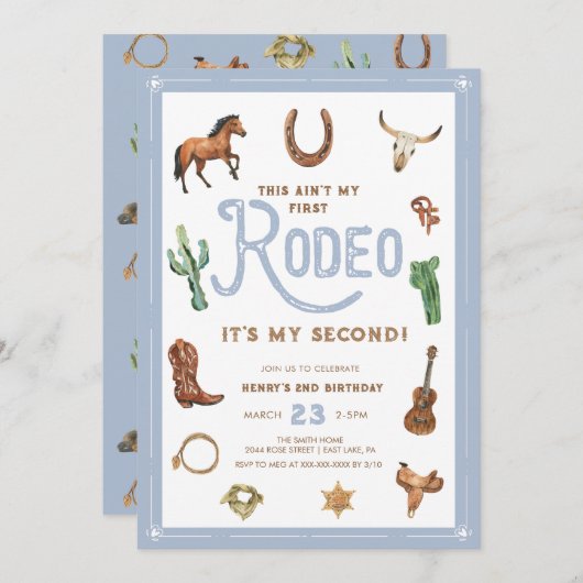 Blauwe Westerne 2e verjaardag Rodeo Uitnodiging (Voorkant / Achterkant)