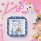 Blauwe Westerne Woestijn Rodeo 1e verjaardag Papieren Bordje (Feest)