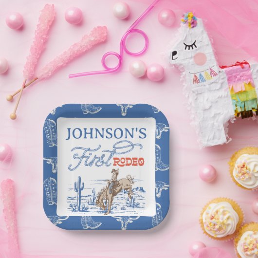  Blauwe Westerne Woestijn Rodeo 1e verjaardag Papieren Bordje (Feest)