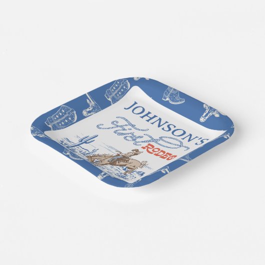  Blauwe Westerne Woestijn Rodeo 1e verjaardag Papieren Bordje (Gebogen)