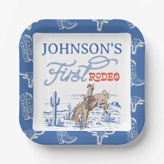 Blauwe Westerne Woestijn Rodeo 1e verjaardag Papieren Bordje (Voorkant)