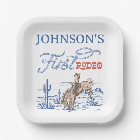  Blauwe Westerne Woestijn Rodeo 1e verjaardag Papieren Bordje (Voorkant)