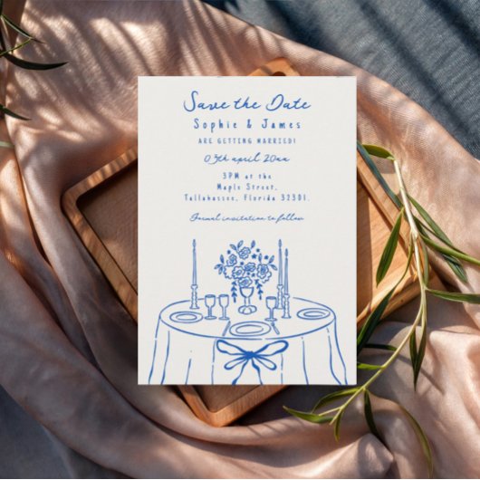 Blauwe Whimsical Hand-Drawn Trendy Wedding Kaart