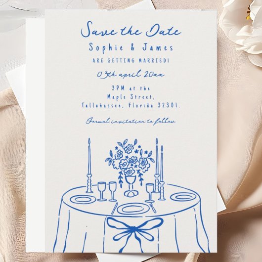 Blauwe Whimsical Hand-Drawn Trendy Wedding Kaart