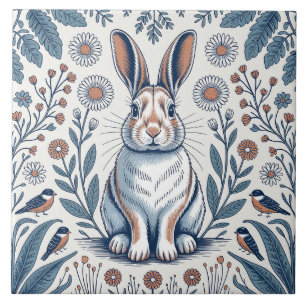 Blauwe Whimsical Konijn Bloem Ontwerp Tegeltje