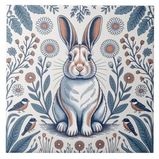 Blauwe Whimsical Konijn Bloem Ontwerp Tegeltje (Voorkant)