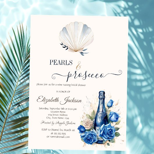 Blauwe wijnrozen schelpen parels & Prosecco Kaart