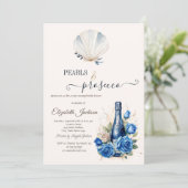 Blauwe wijnrozen schelpen parels & Prosecco Kaart (Staand voorkant)