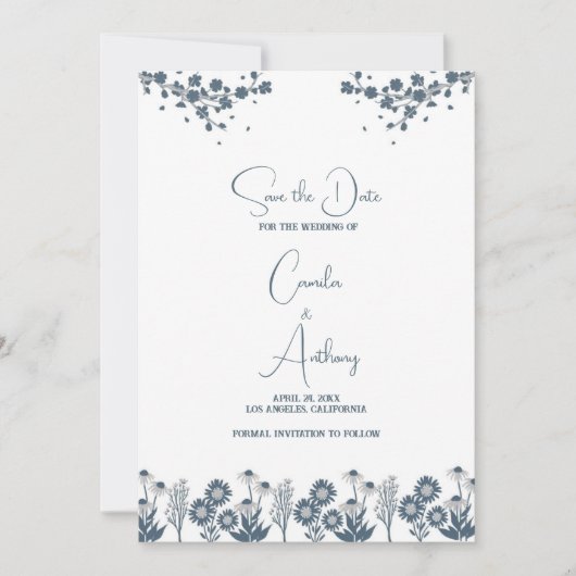 Blauwe Wildbloem Bloemen Boho Bruiloft Kaart (Voorkant)