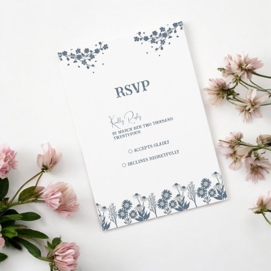 Blauwe Wildbloem Bloemen Boho Bruiloft RSVP Kaartje