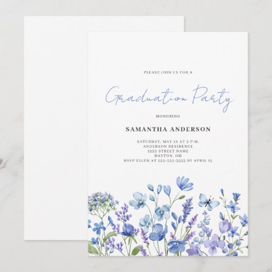 Blauwe Wildbloem Bloemen Graduation Party Kaart