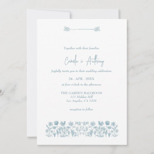 Blauwe Wildbloem Boho bruiloft Kaart (Voorkant)