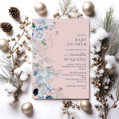 Blauwe Wildbloem boho Winter Baby meisje douche Kaart