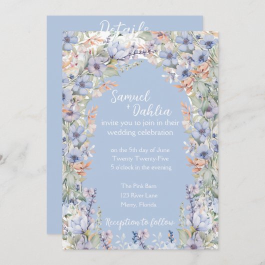 Blauwe Wildbloem bruiloft uitnodiging met details (Voorkant / Achterkant)