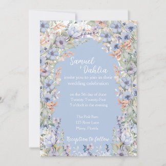 Blauwe Wildbloem bruiloft uitnodiging met details