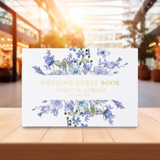 Blauwe Wildbloem & Gouden Folie Bruiloft Gastenboek