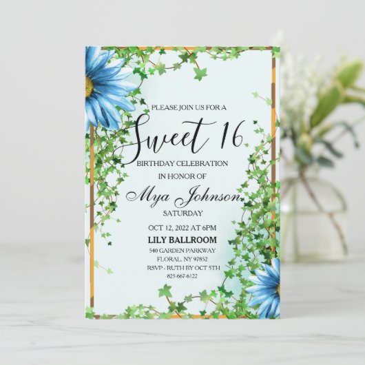 Blauwe wildbloem ivy Sweet 16 Uitnodiging (Staand voorkant)